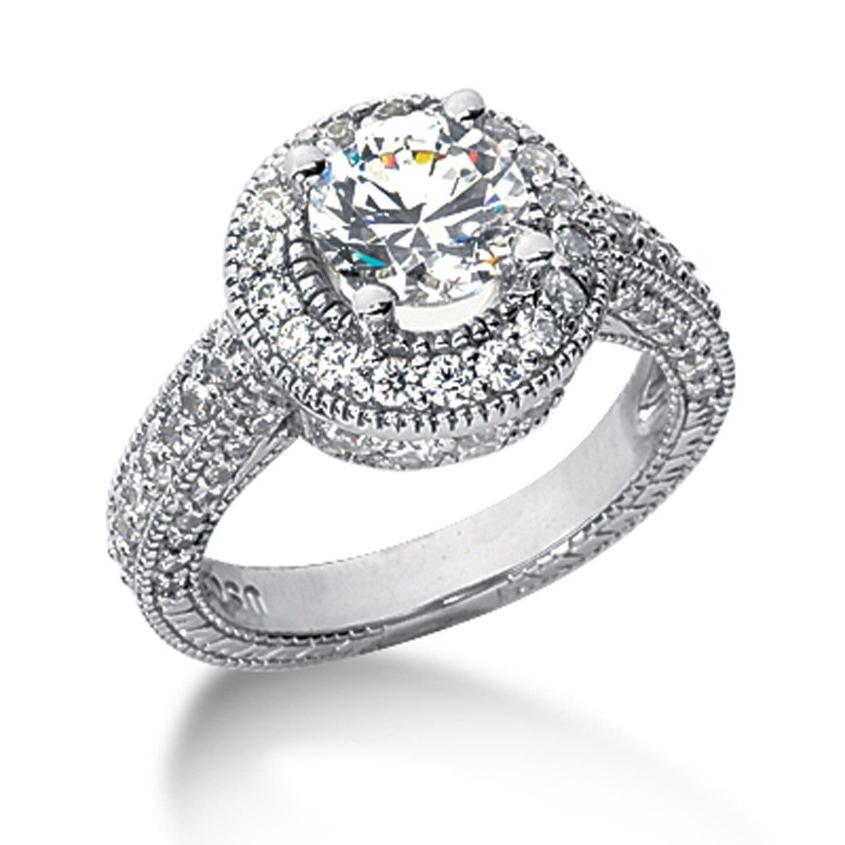 14k White gold Vintage Halo Diamond Semi-Mount in a sleek high-contrast midnight luxury editorial style